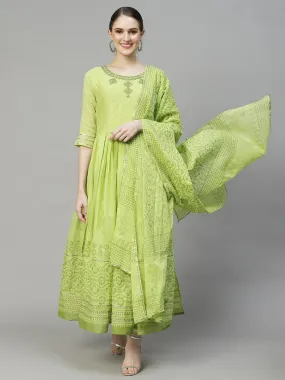 Ethnic Embroidered Flared Kurta with Pants & Dupatta - Light Green