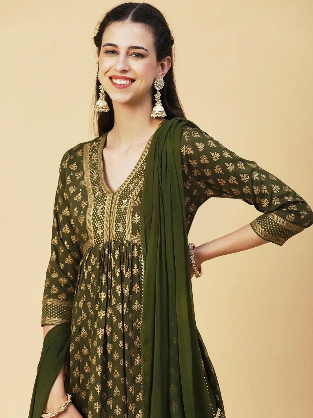 Ethnic Foil Printed Zari Embroidered Kurta With Pants & Dupatta - Green