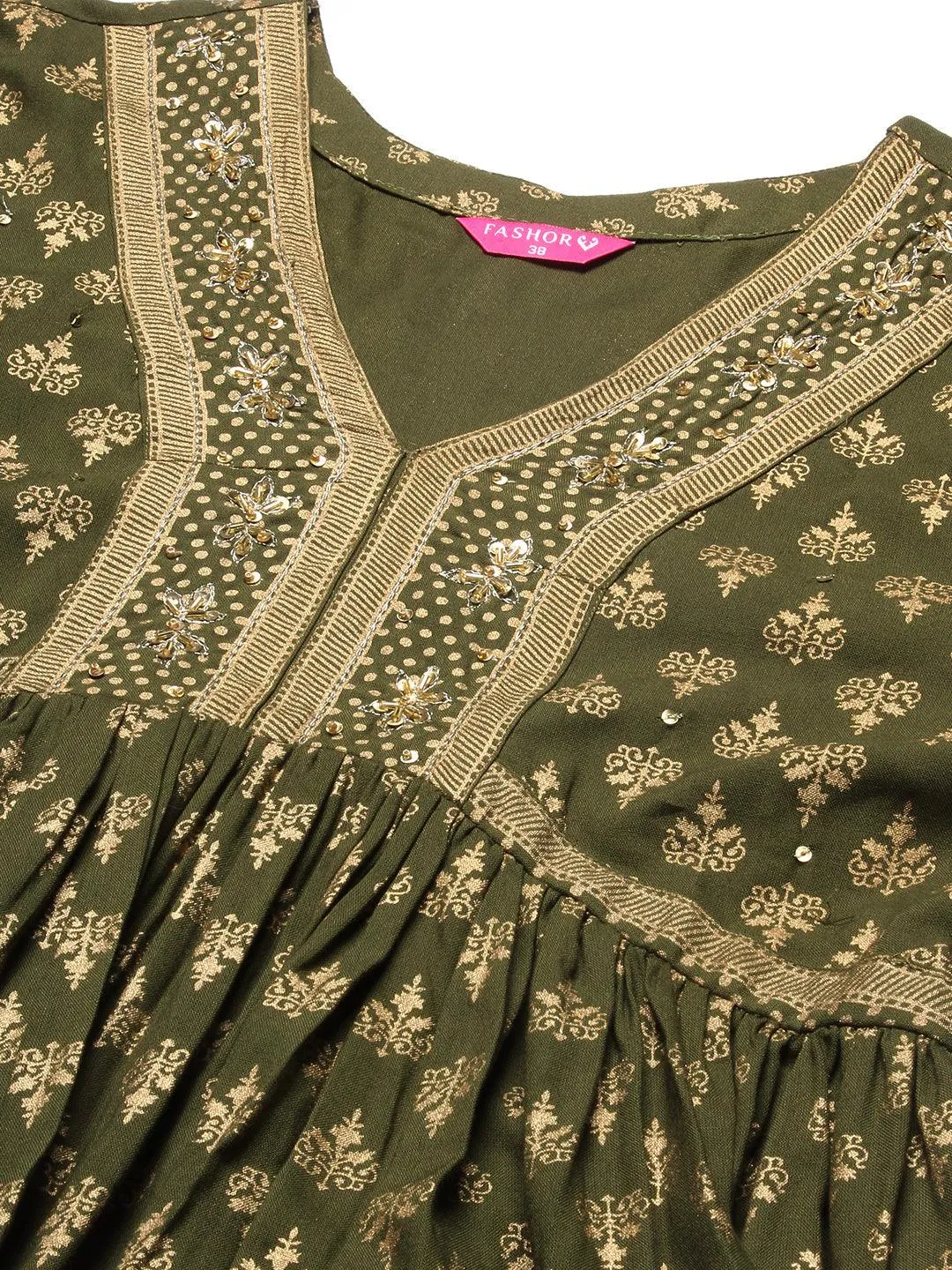 Ethnic Foil Printed Zari Embroidered Kurta With Pants & Dupatta - Green