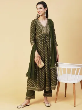 Ethnic Foil Printed Zari Embroidered Kurta With Pants & Dupatta - Green