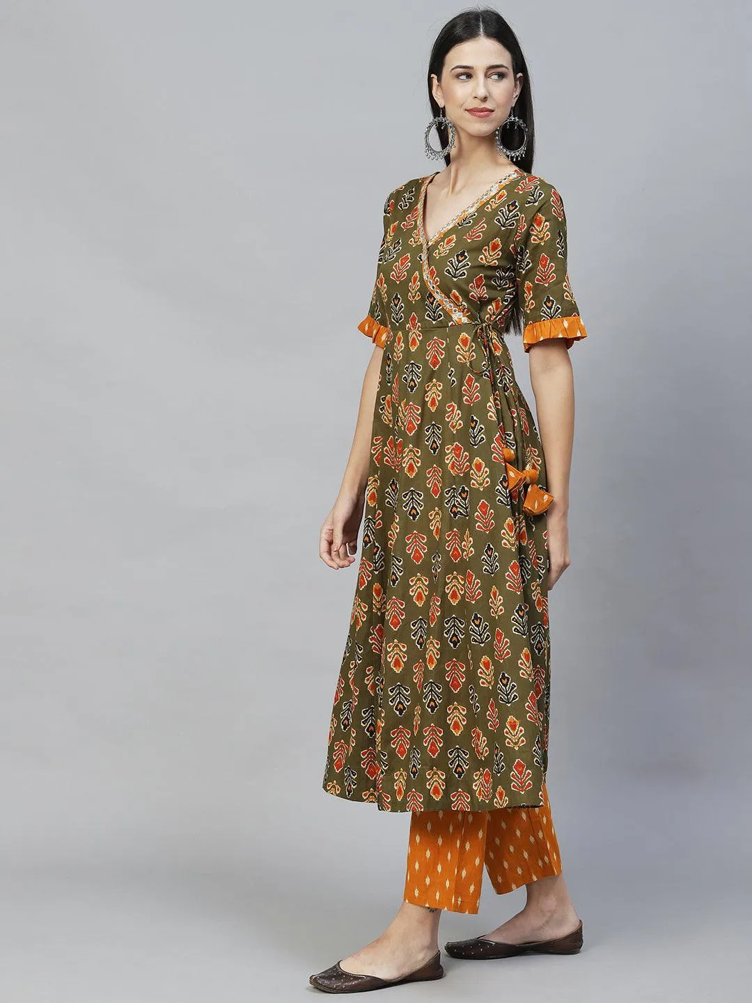 Ethnic Printed & Embroidered Anarkali Flared Kurta with Pants & Dupatta - Olive Green