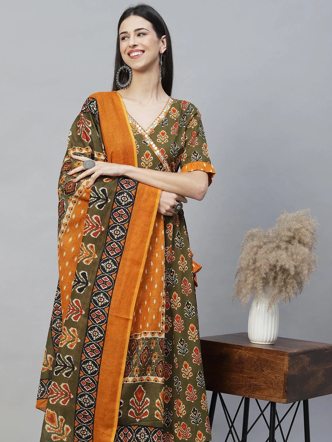 Ethnic Printed & Embroidered Anarkali Flared Kurta with Pants & Dupatta - Olive Green