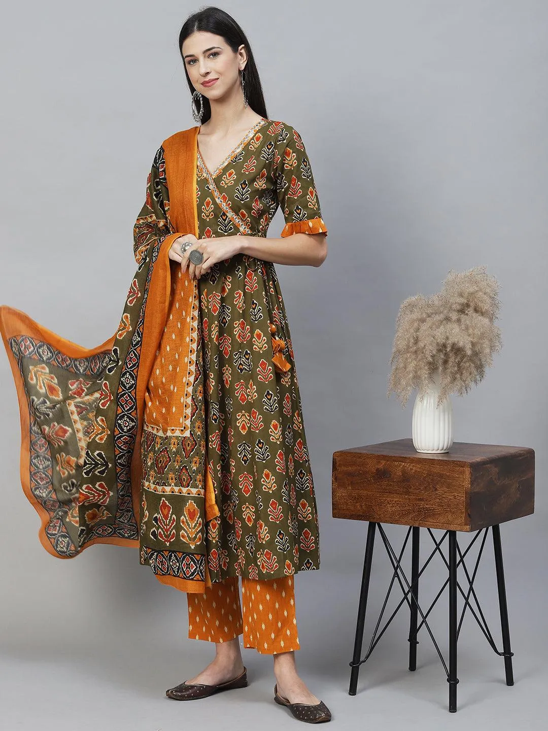 Ethnic Printed & Embroidered Anarkali Flared Kurta with Pants & Dupatta - Olive Green