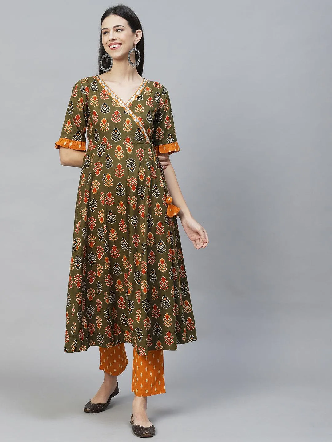 Ethnic Printed & Embroidered Anarkali Flared Kurta with Pants & Dupatta - Olive Green