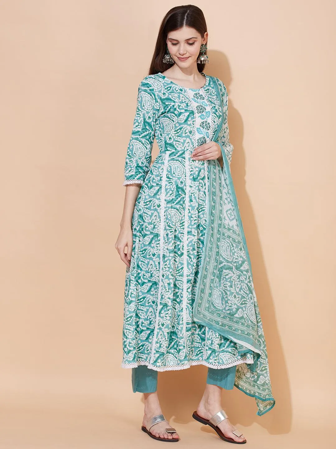 Ethnic Printed & Embroidered Anarkali Kurta with Pants & Dupatta - Light Turquoise