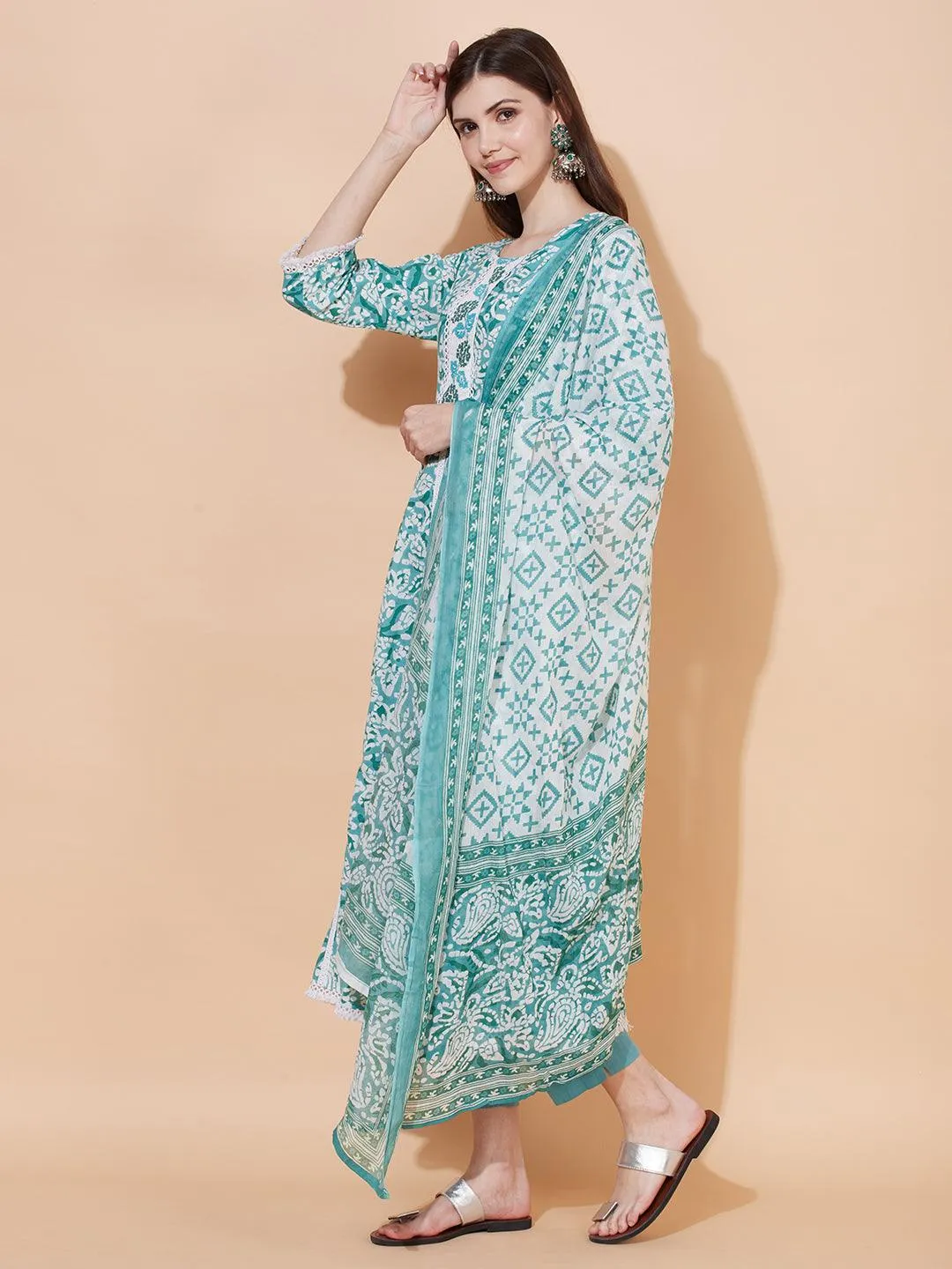 Ethnic Printed & Embroidered Anarkali Kurta with Pants & Dupatta - Light Turquoise