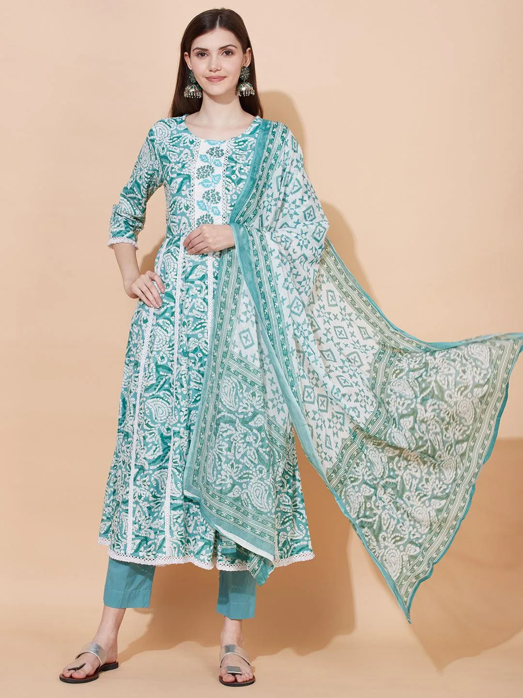 Ethnic Printed & Embroidered Anarkali Kurta with Pants & Dupatta - Light Turquoise