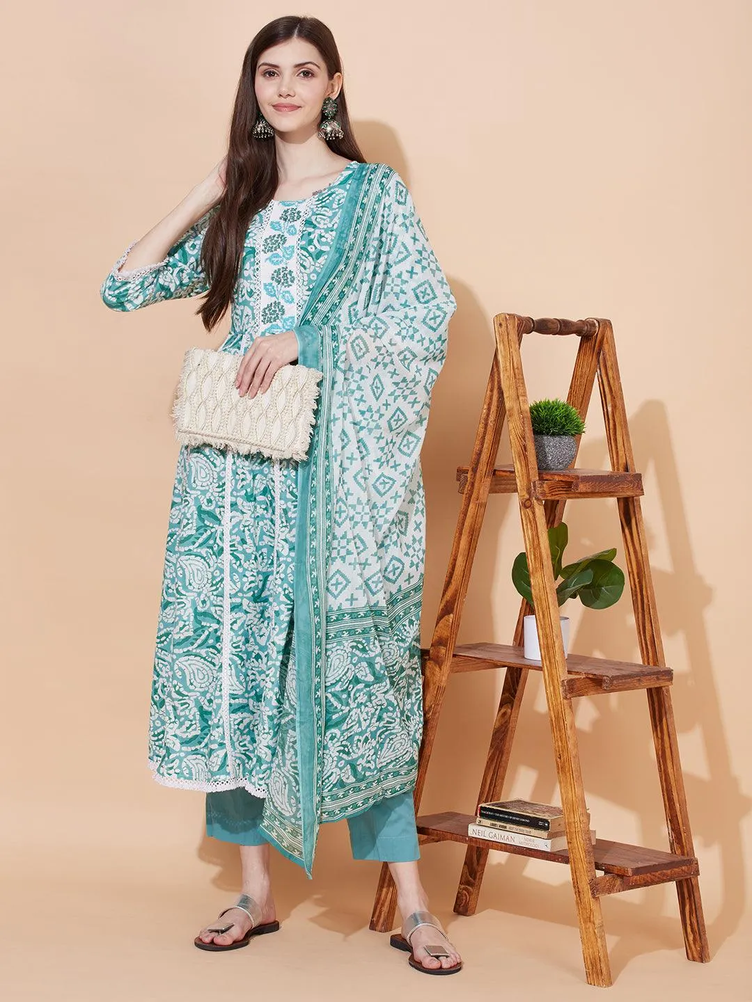 Ethnic Printed & Embroidered Anarkali Kurta with Pants & Dupatta - Light Turquoise