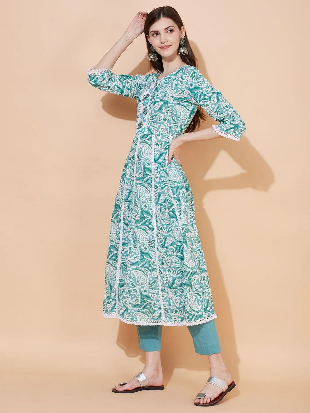 Ethnic Printed & Embroidered Anarkali Kurta with Pants & Dupatta - Light Turquoise