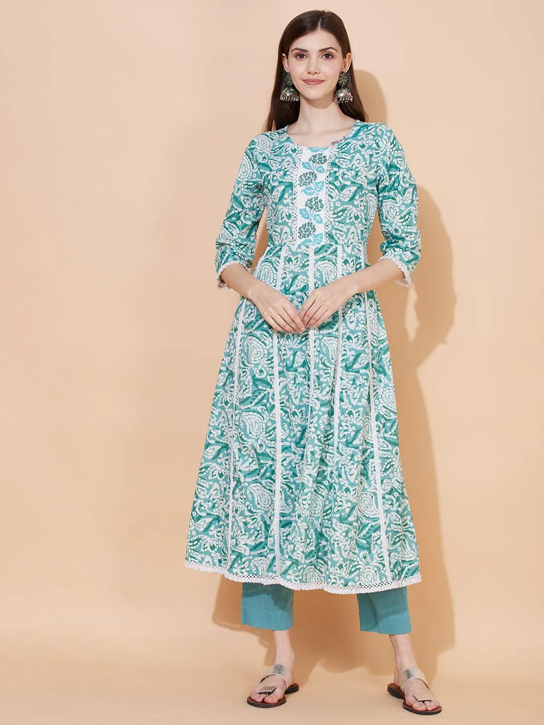 Ethnic Printed & Embroidered Anarkali Kurta with Pants & Dupatta - Light Turquoise