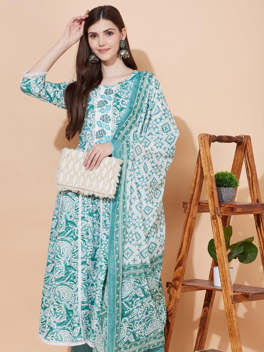 Ethnic Printed & Embroidered Anarkali Kurta with Pants & Dupatta - Light Turquoise