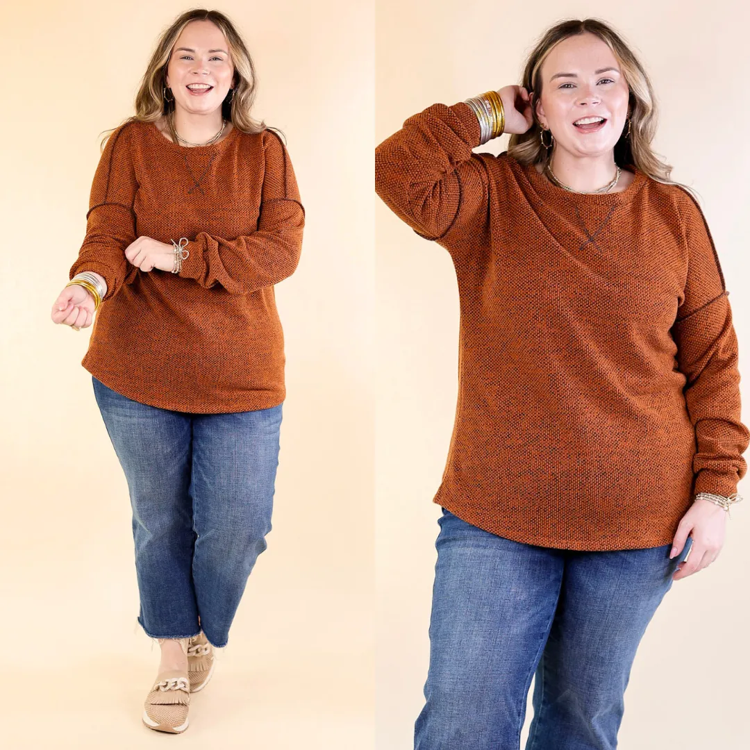 Fall Festival Long Sleeve Knit Top with Hem Detailing in Rust Orange