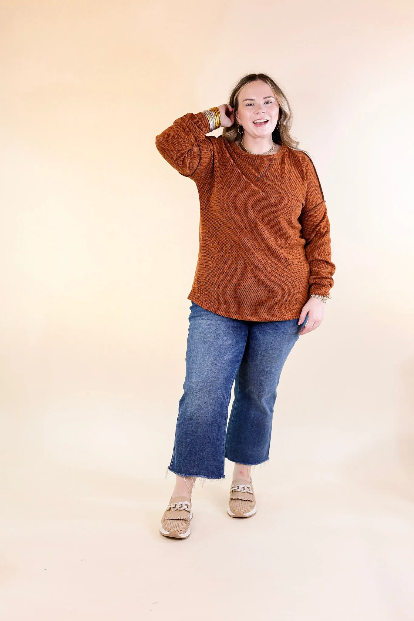 Fall Festival Long Sleeve Knit Top with Hem Detailing in Rust Orange