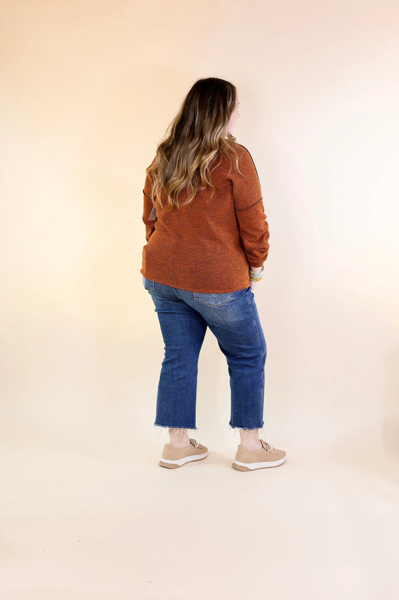 Fall Festival Long Sleeve Knit Top with Hem Detailing in Rust Orange