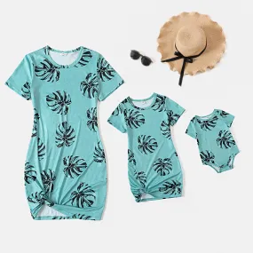 Family Matching Dress Palm Leaf Print Short-sleeve Twist Knot Bodycon Dress for Mommy and Me