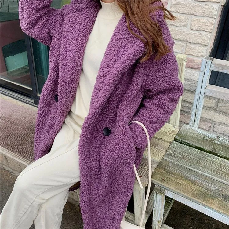 Faux Curly Fur Purple White Beige Long Coat