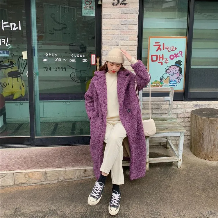 Faux Curly Fur Purple White Beige Long Coat