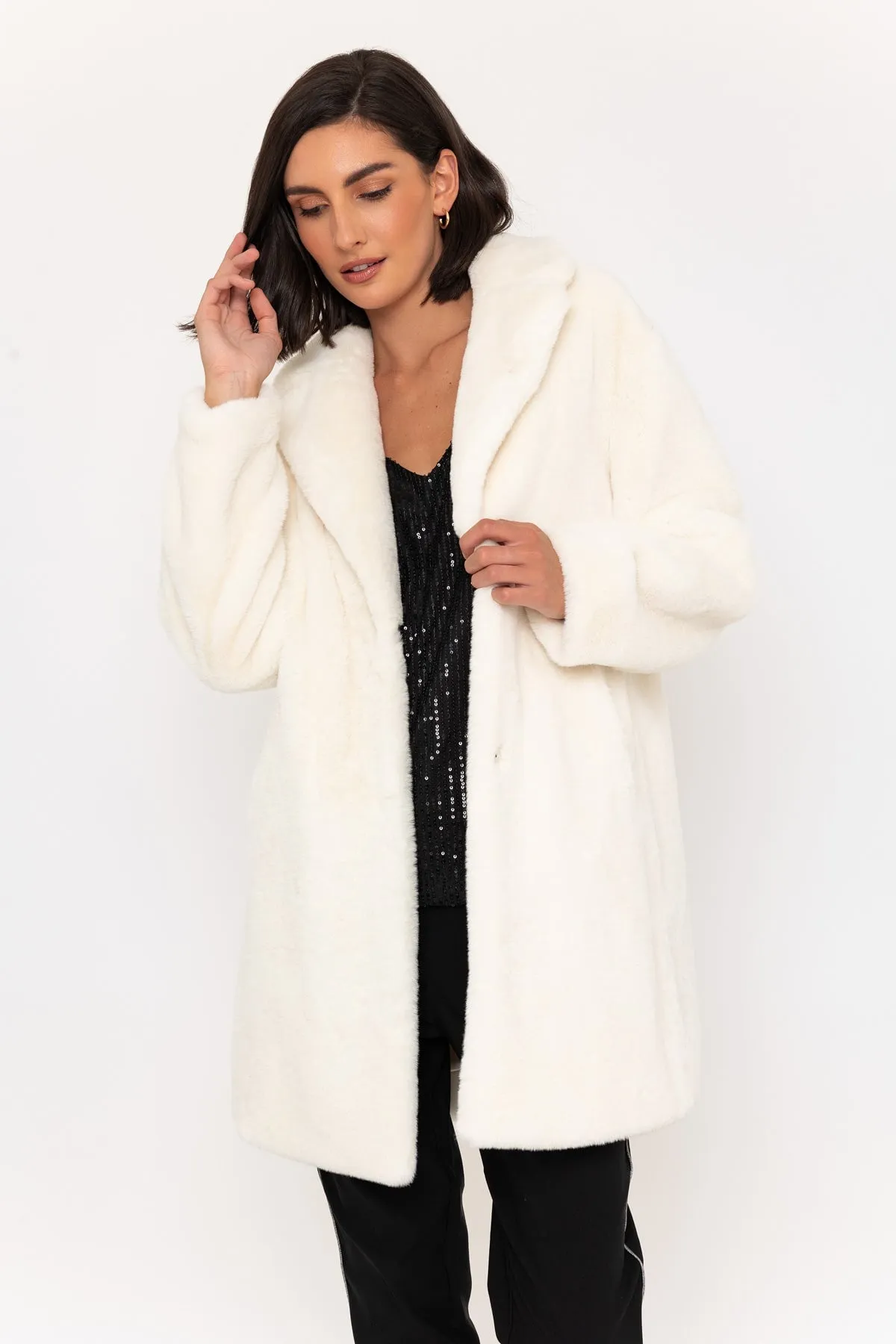 Faux Fur Coat With Lapel in Ivory