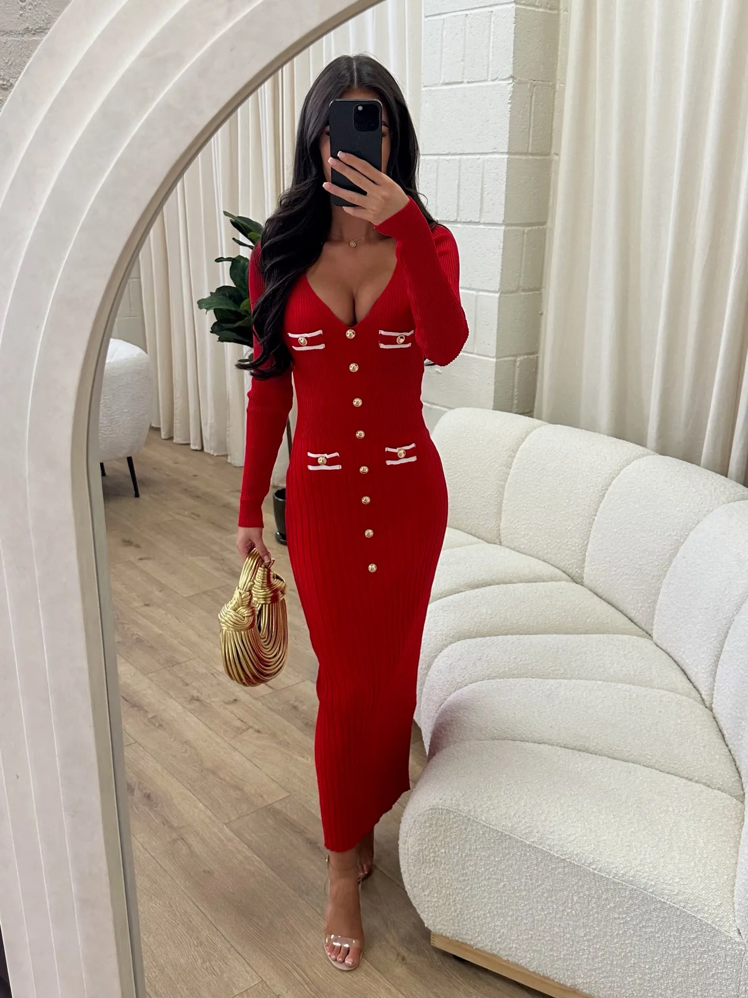 Finely Red Gold Button Long Sleeve Dress