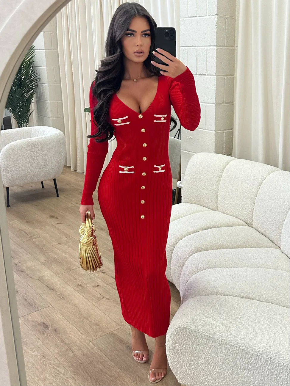 Finely Red Gold Button Long Sleeve Dress