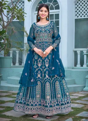 Firozi Blue Embroidery Traditional Anarkali Suit