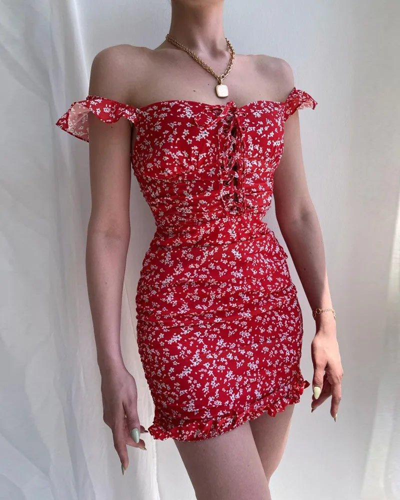 Floral Print Ruffles Lace-up Mini Bodycon Dress