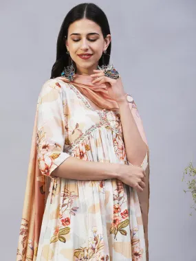 Floral Printed Cutdana Embroidered Empire Kurta With Pants & Dupatta - Cream