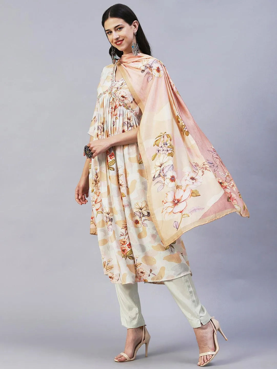 Floral Printed Cutdana Embroidered Empire Kurta With Pants & Dupatta - Cream