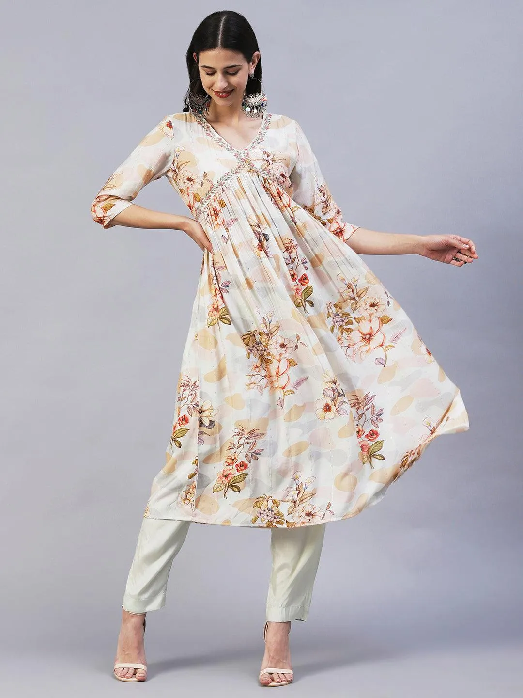 Floral Printed Cutdana Embroidered Empire Kurta With Pants & Dupatta - Cream