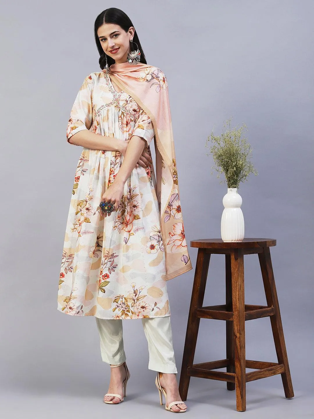 Floral Printed Cutdana Embroidered Empire Kurta With Pants & Dupatta - Cream