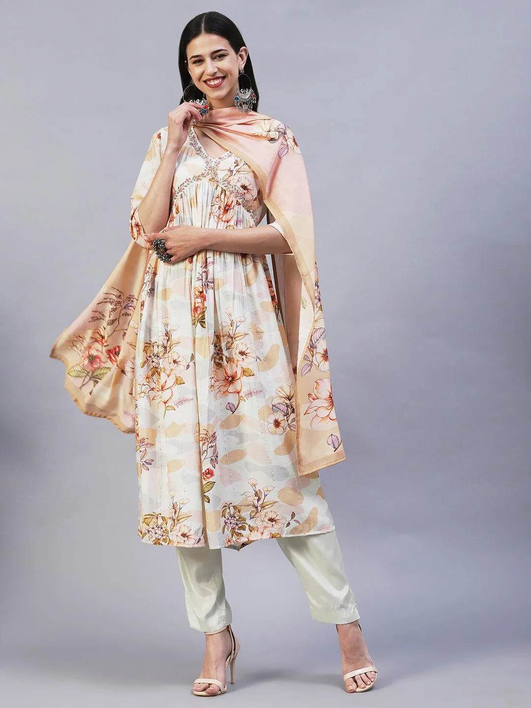 Floral Printed Cutdana Embroidered Empire Kurta With Pants & Dupatta - Cream