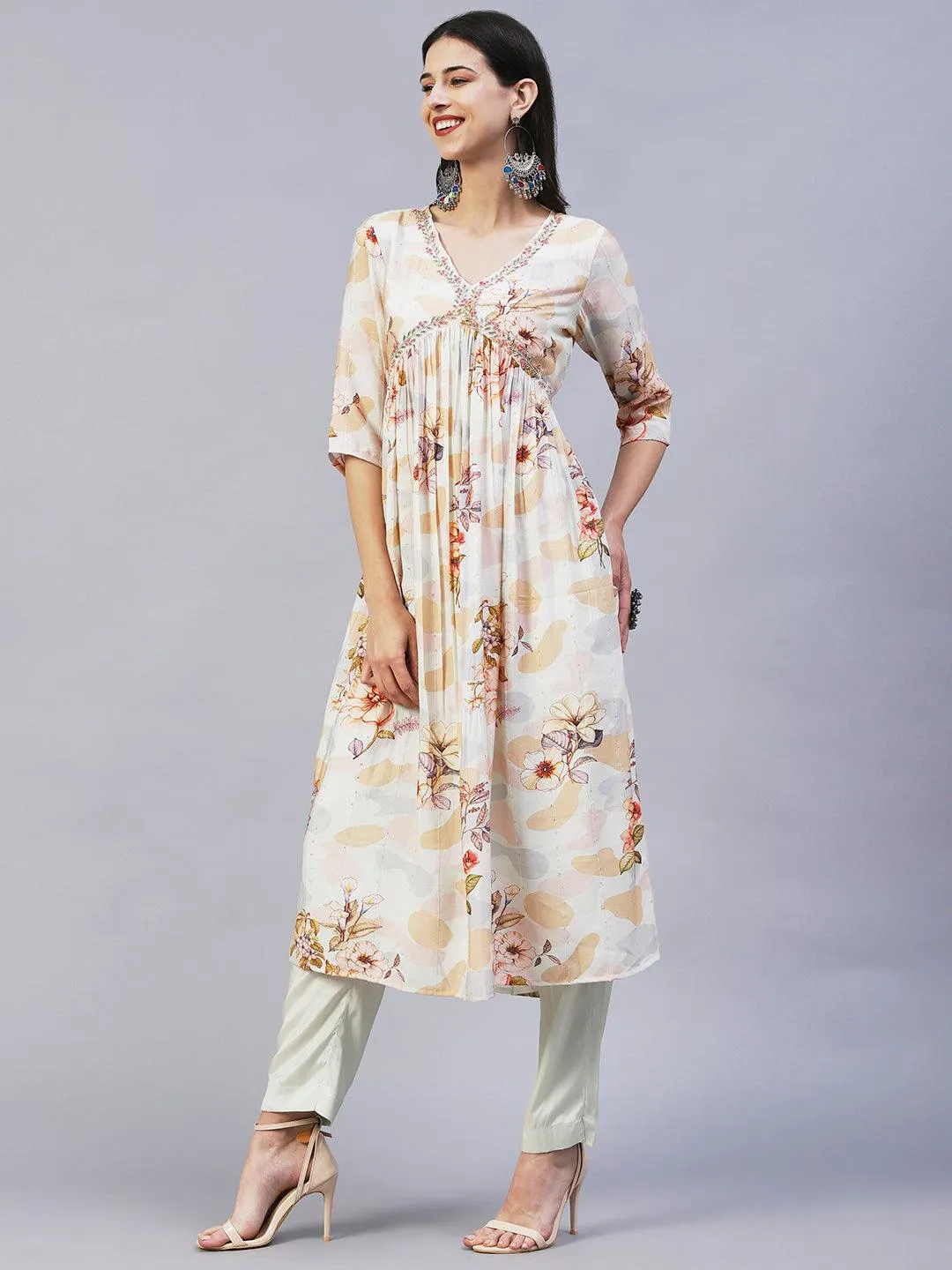 Floral Printed Cutdana Embroidered Empire Kurta With Pants & Dupatta - Cream