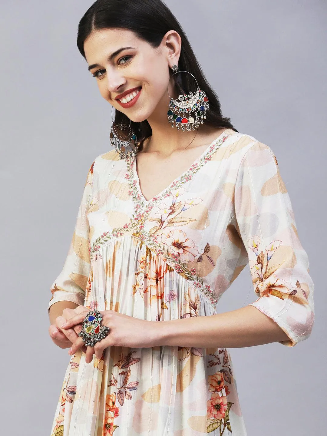 Floral Printed Cutdana Embroidered Empire Kurta With Pants & Dupatta - Cream