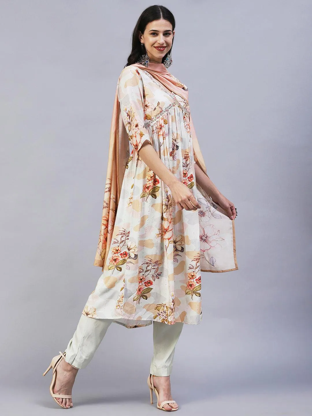 Floral Printed Cutdana Embroidered Empire Kurta With Pants & Dupatta - Cream