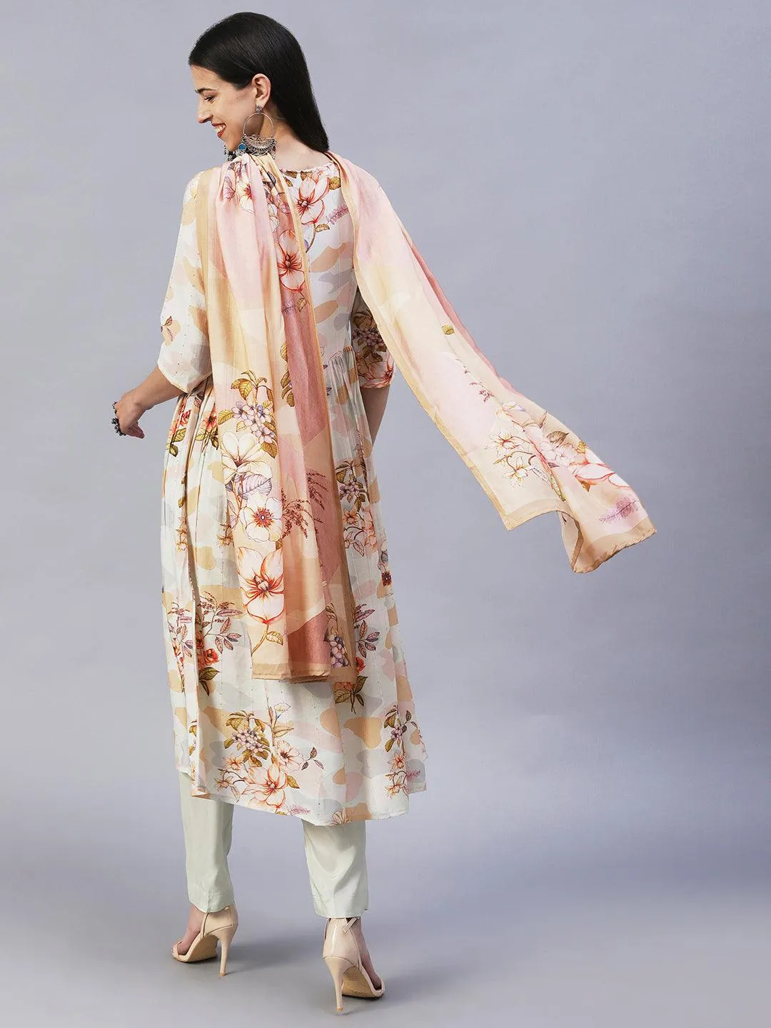 Floral Printed Cutdana Embroidered Empire Kurta With Pants & Dupatta - Cream