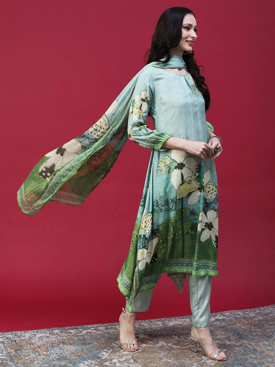 Floral Printed Embellished Kurta With Pants & Printed Dupatta - Mint Green