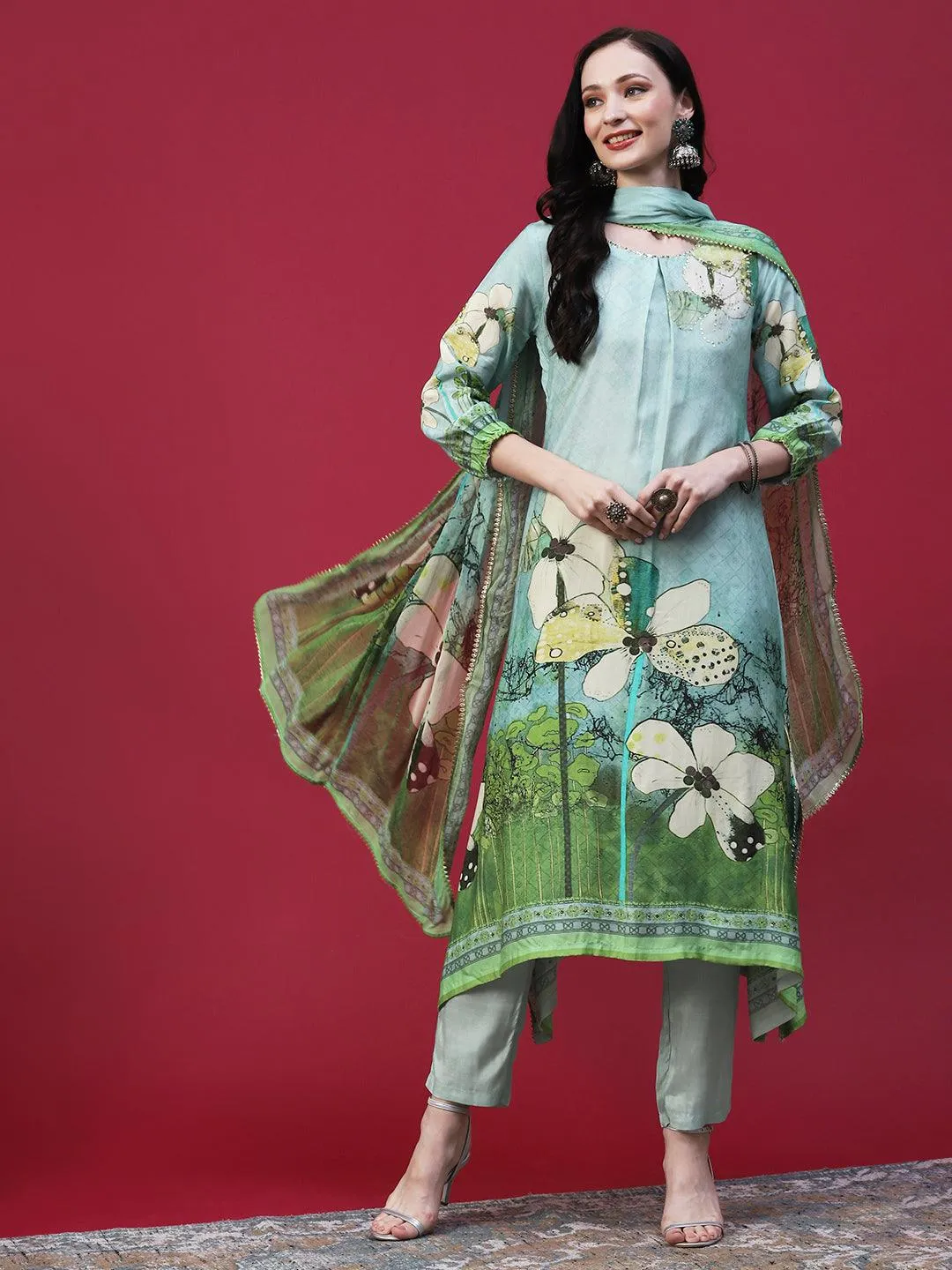 Floral Printed Embellished Kurta With Pants & Printed Dupatta - Mint Green