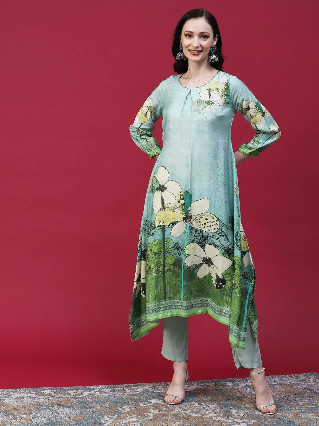 Floral Printed Embellished Kurta With Pants & Printed Dupatta - Mint Green