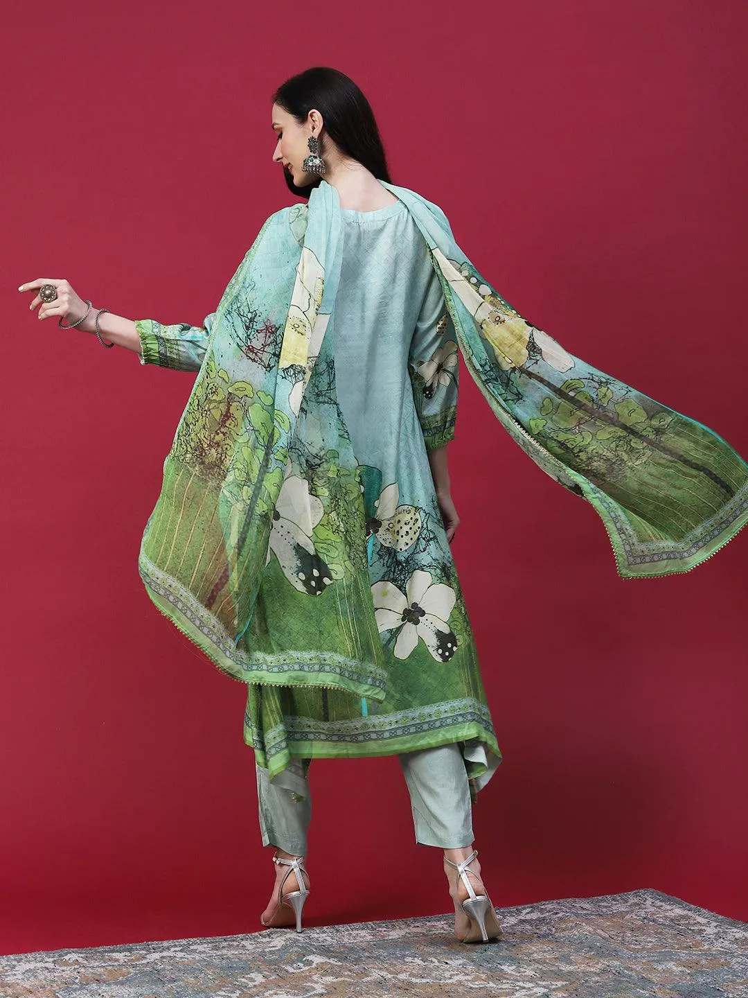 Floral Printed Embellished Kurta With Pants & Printed Dupatta - Mint Green