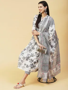 Floral Printed Hand Embroidered Kurta With Pants & Dupatta - White