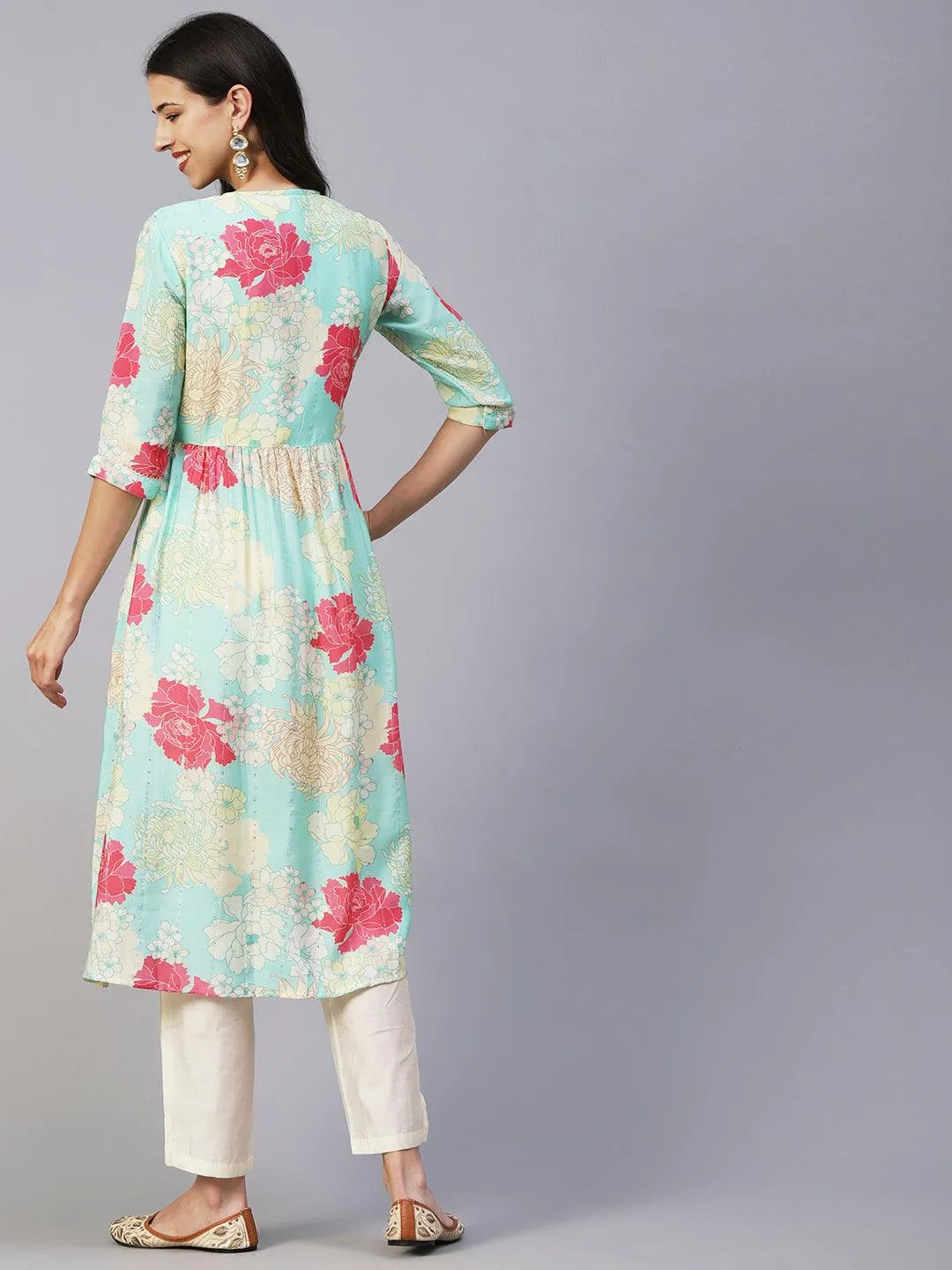 Floral Printed Lurex Striped Mirror & Zari Embroidered Kurta With Pants - Sea Green & Multi