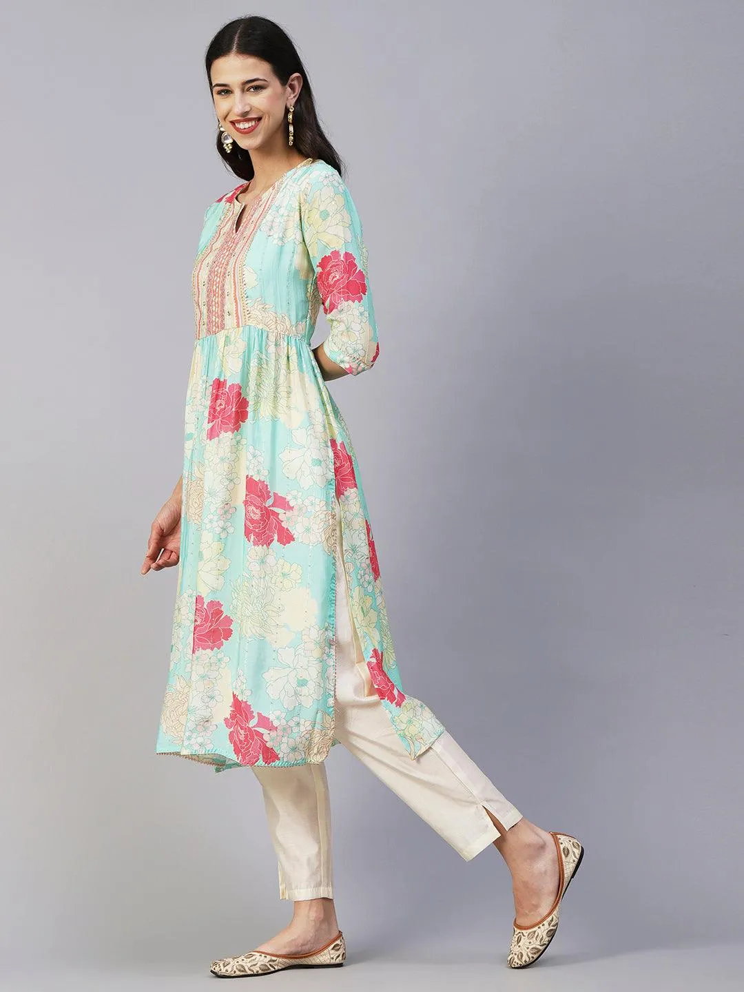 Floral Printed Lurex Striped Mirror & Zari Embroidered Kurta With Pants - Sea Green & Multi