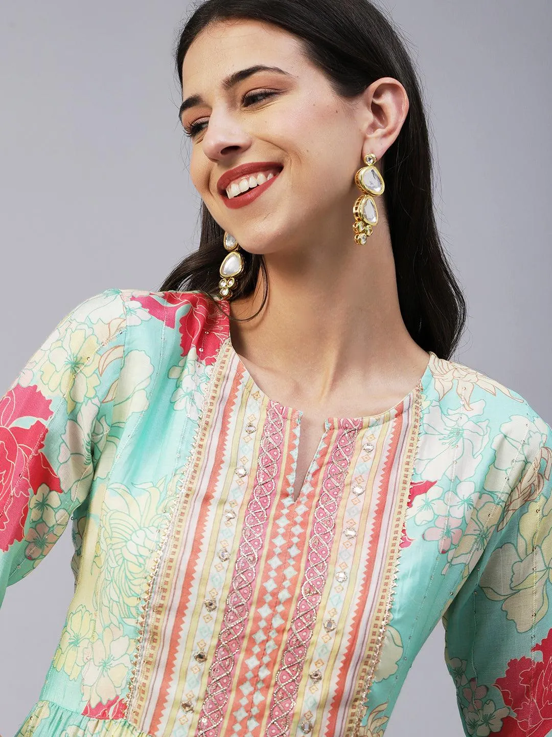 Floral Printed Lurex Striped Mirror & Zari Embroidered Kurta With Pants - Sea Green & Multi