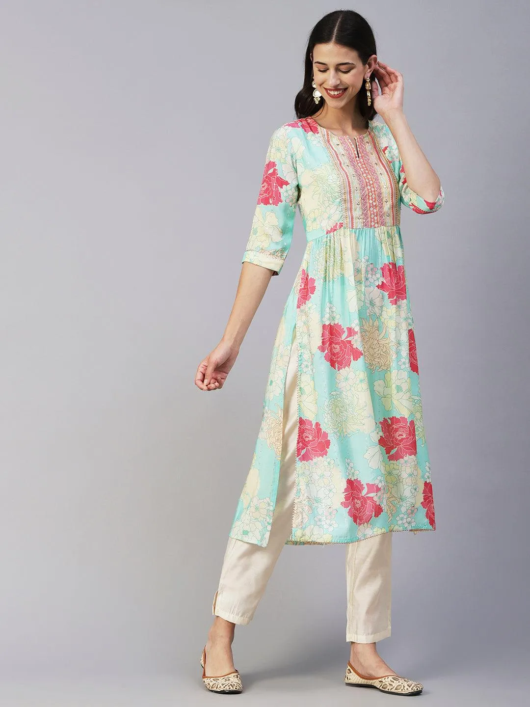 Floral Printed Lurex Striped Mirror & Zari Embroidered Kurta With Pants - Sea Green & Multi