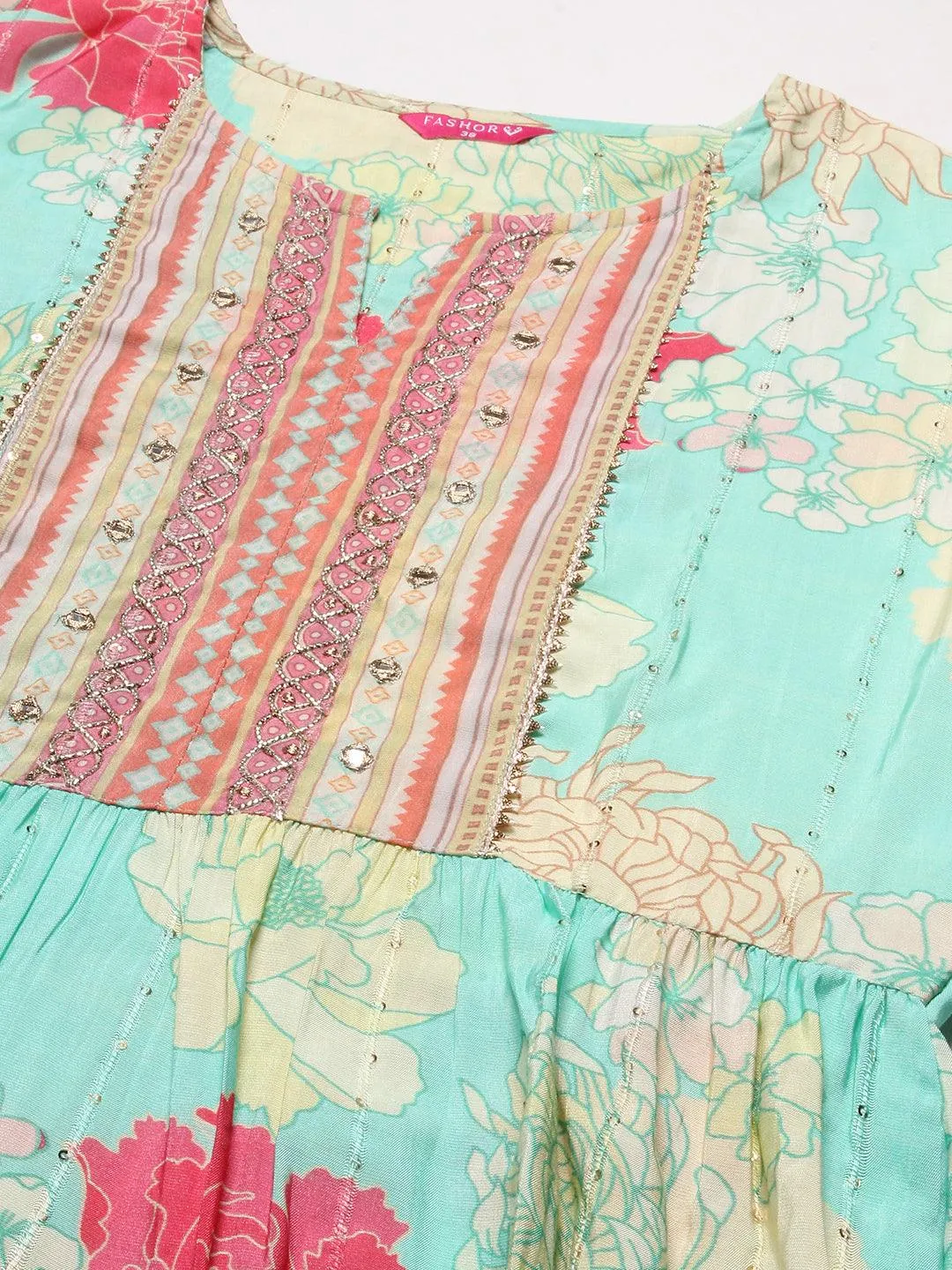 Floral Printed Lurex Striped Mirror & Zari Embroidered Kurta With Pants - Sea Green & Multi