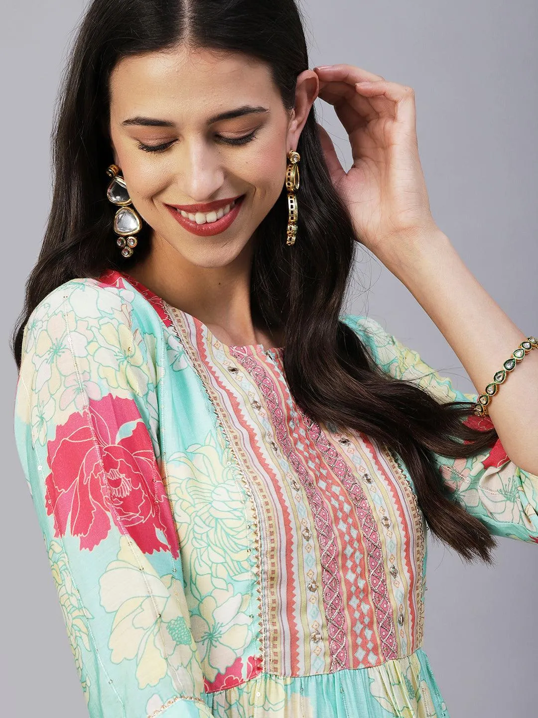 Floral Printed Lurex Striped Mirror & Zari Embroidered Kurta With Pants - Sea Green & Multi