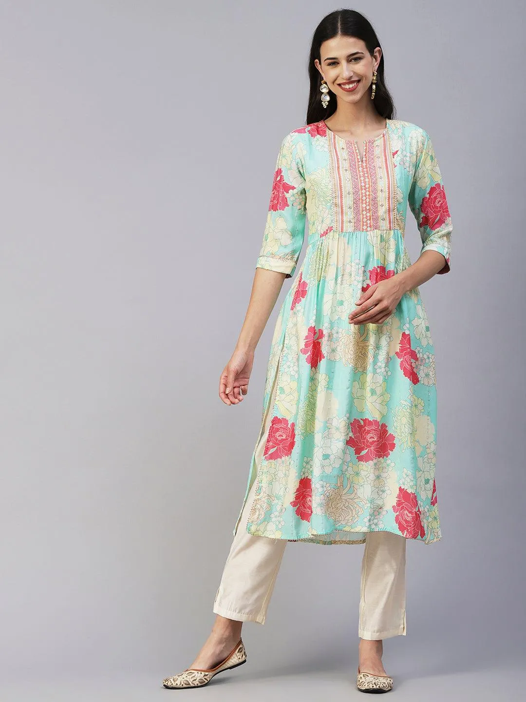 Floral Printed Lurex Striped Mirror & Zari Embroidered Kurta With Pants - Sea Green & Multi