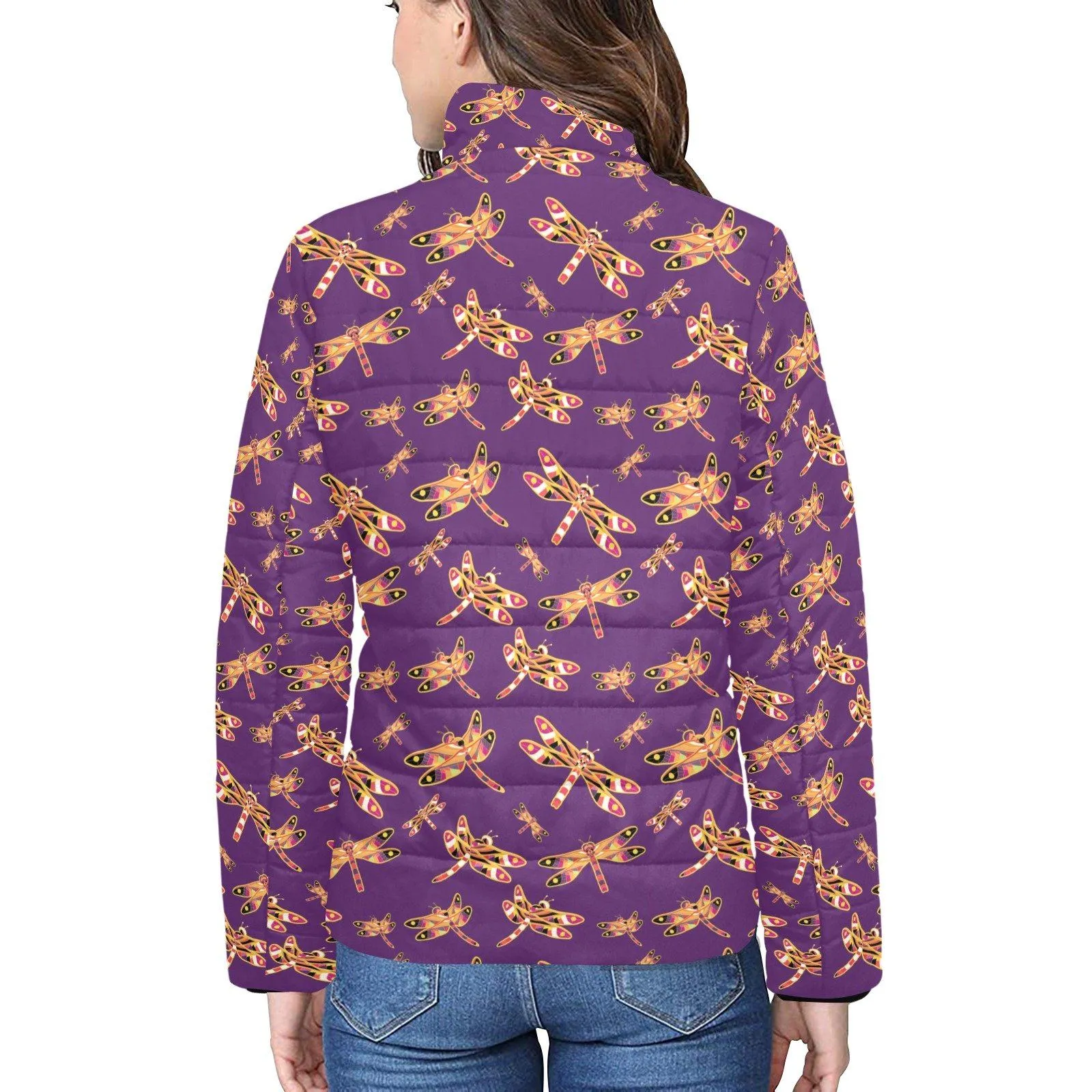 Gathering Yellow Purple Women's Stand Collar Padded Jacket