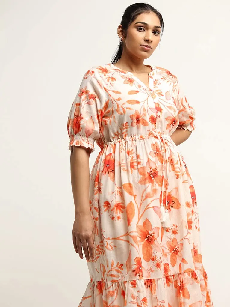 Gia Orange Floral Print Blended Linen Maxi Dress