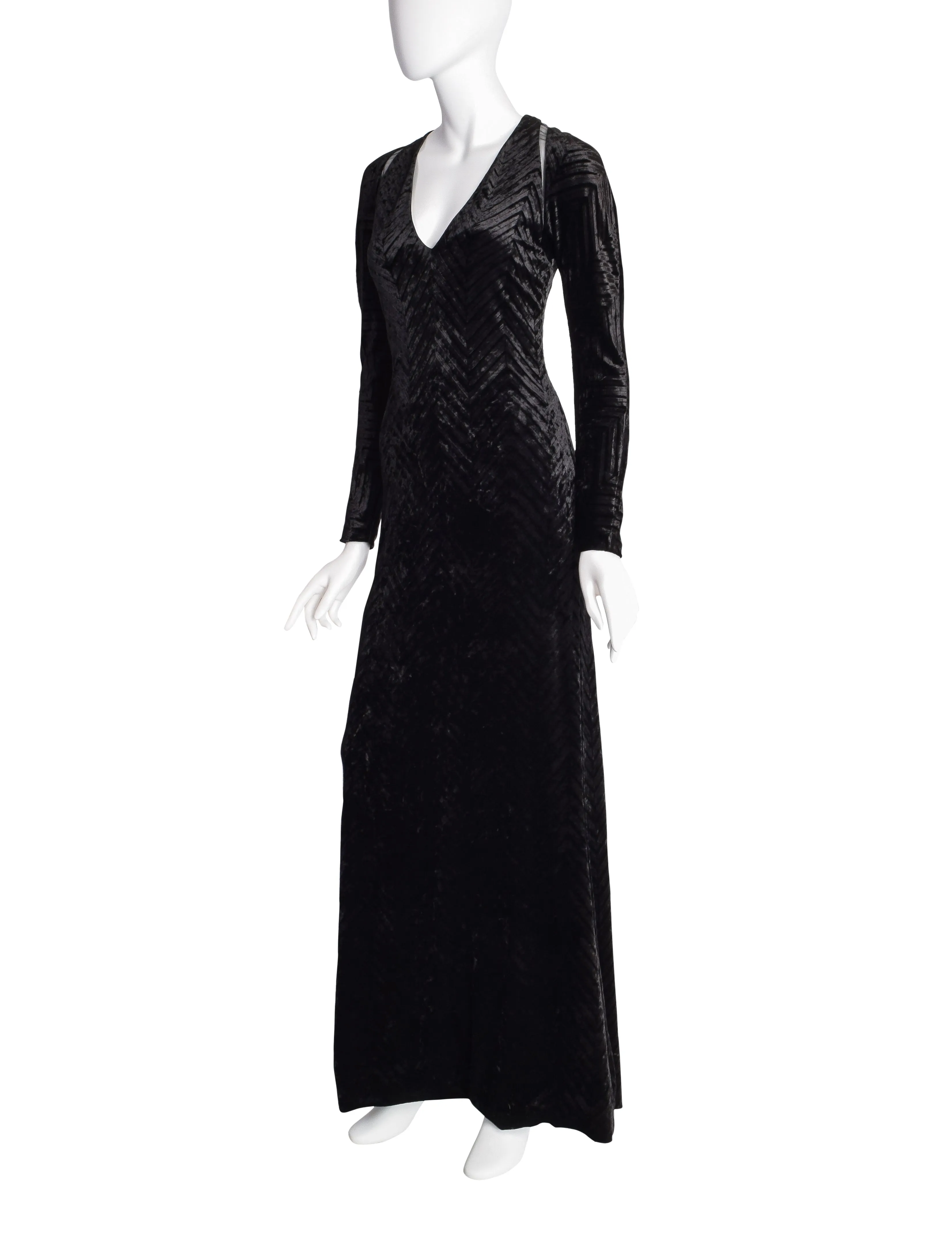 Gianni Versace Vintage Black Chevron Velvet Cutout Maxi Dress